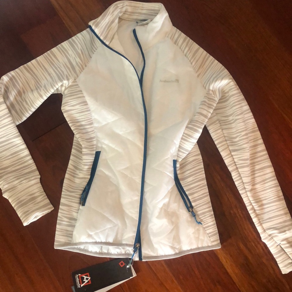 New white avalanche fall coat with grey stripes on the sides